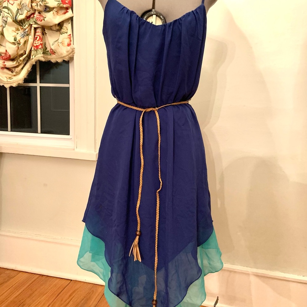 Love Reign flowy sundress with faux leather tan braided belt. Blue and aqua.